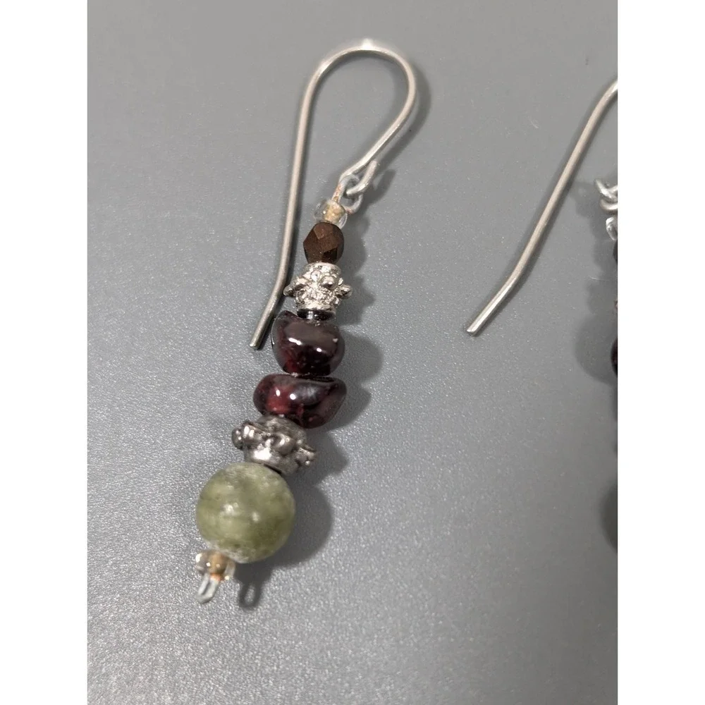 Green Aventurine Garnet Bead Dangle Earrings‎ Boho Gemstone Drop